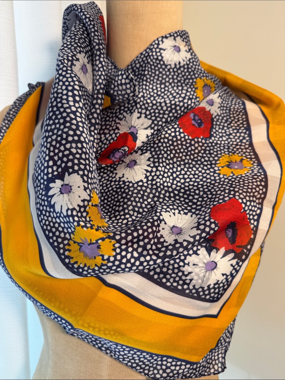 Navy, yellow, and red square poly floral scarf.